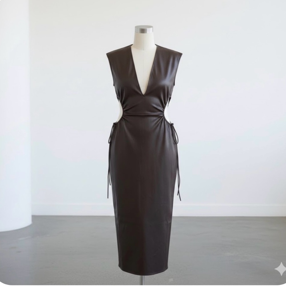 INLAND Chocolate Brown Faux Leather Cut-Out Midi Dress - Size Small - Picture 2 of 5